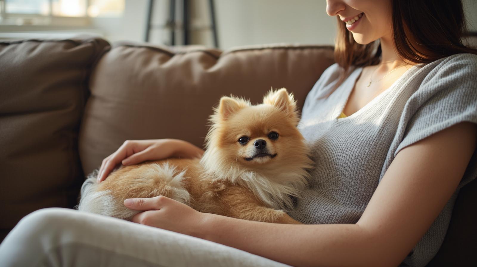 small dog inside apartment being pet by owner on couch